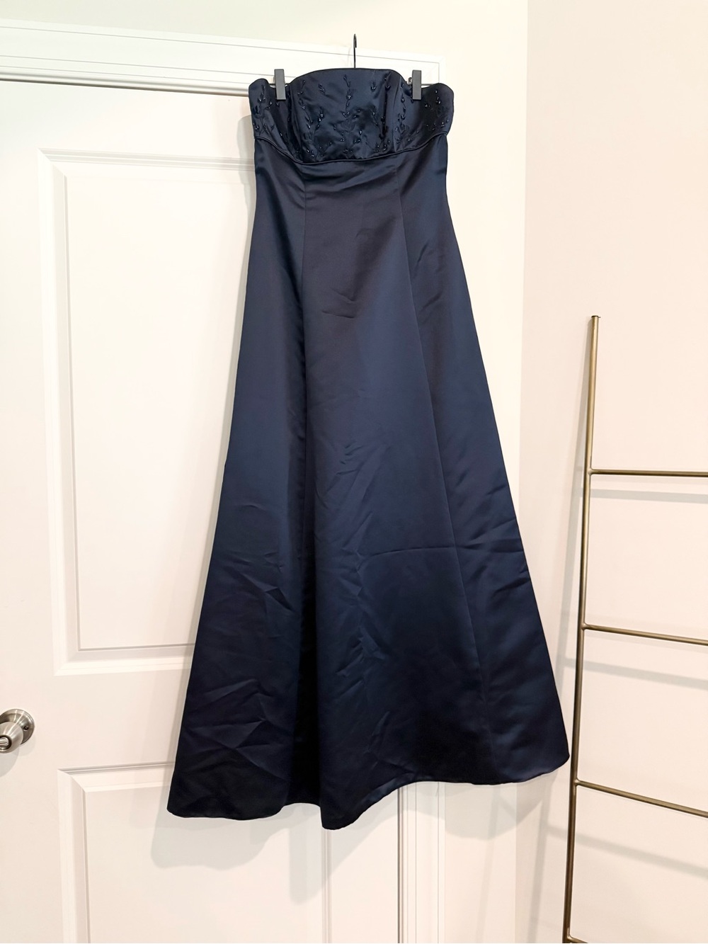 Strapless Navy Satin Evening Gown